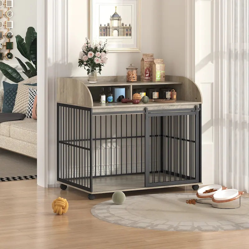 Meuble de caisse pour chien robuste de 44 pouces pour chien de grande et moyenne taille avec roues verrouillables, niche pour chien en bois