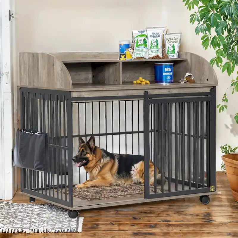 Meuble de caisse pour chien robuste de 44 pouces pour chien de grande et moyenne taille avec roues verrouillables, niche pour chien en bois