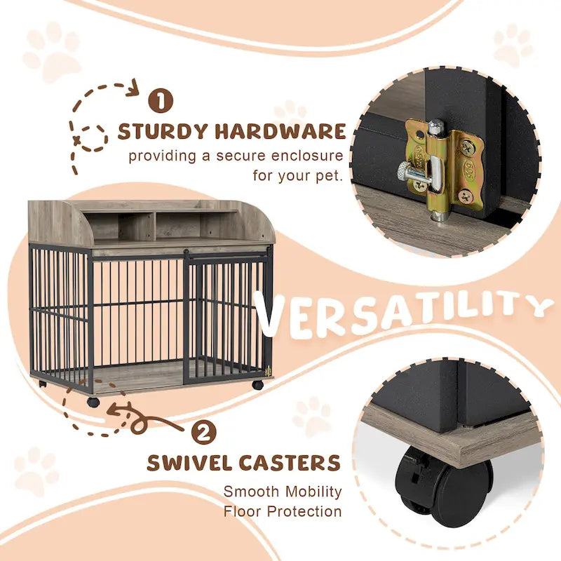 Meuble de caisse pour chien robuste de 44 pouces pour chien de grande et moyenne taille avec roues verrouillables, niche pour chien en bois