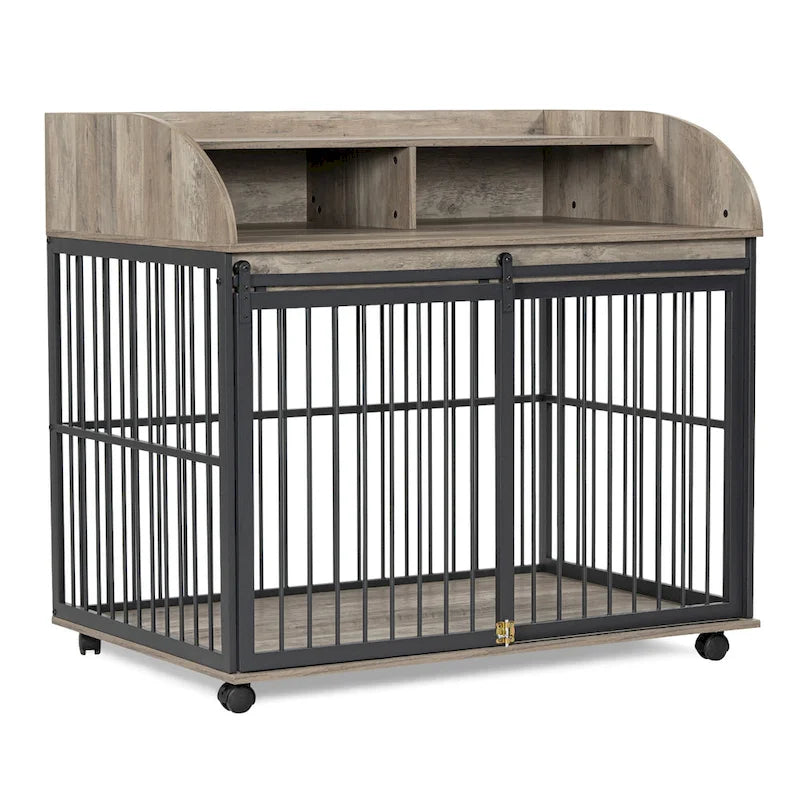 Meuble de caisse pour chien robuste de 44 pouces pour chien de grande et moyenne taille avec roues verrouillables, niche pour chien en bois