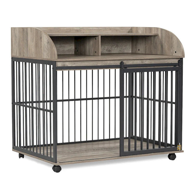 Meuble de caisse pour chien robuste de 44 pouces pour chien de grande et moyenne taille avec roues verrouillables, niche pour chien en bois