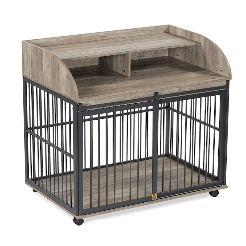 Meuble de caisse pour chien robuste de 44 pouces pour chien de grande et moyenne taille avec roues verrouillables, niche pour chien en bois