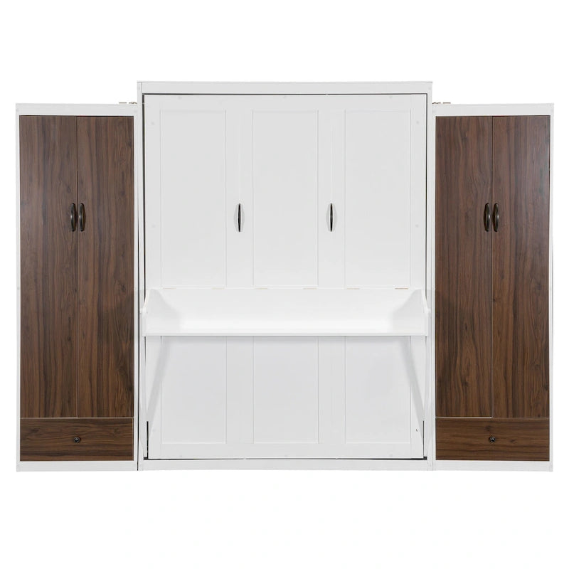 Lit escamotable mural avec armoire, tiroirs, éclairage LED et bureau