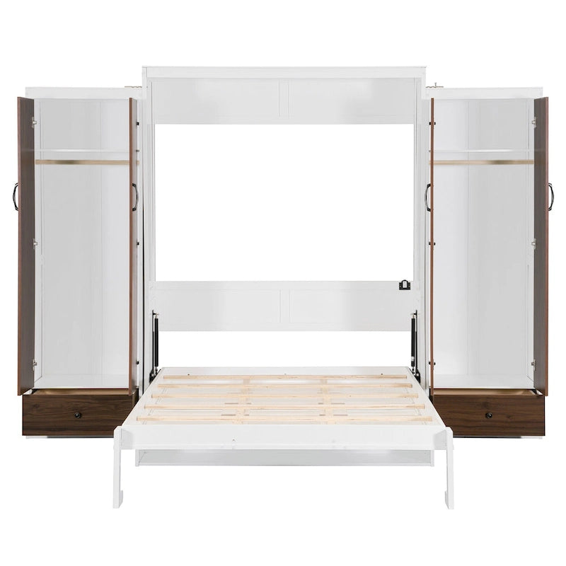 Lit escamotable mural avec armoire, tiroirs, éclairage LED et bureau