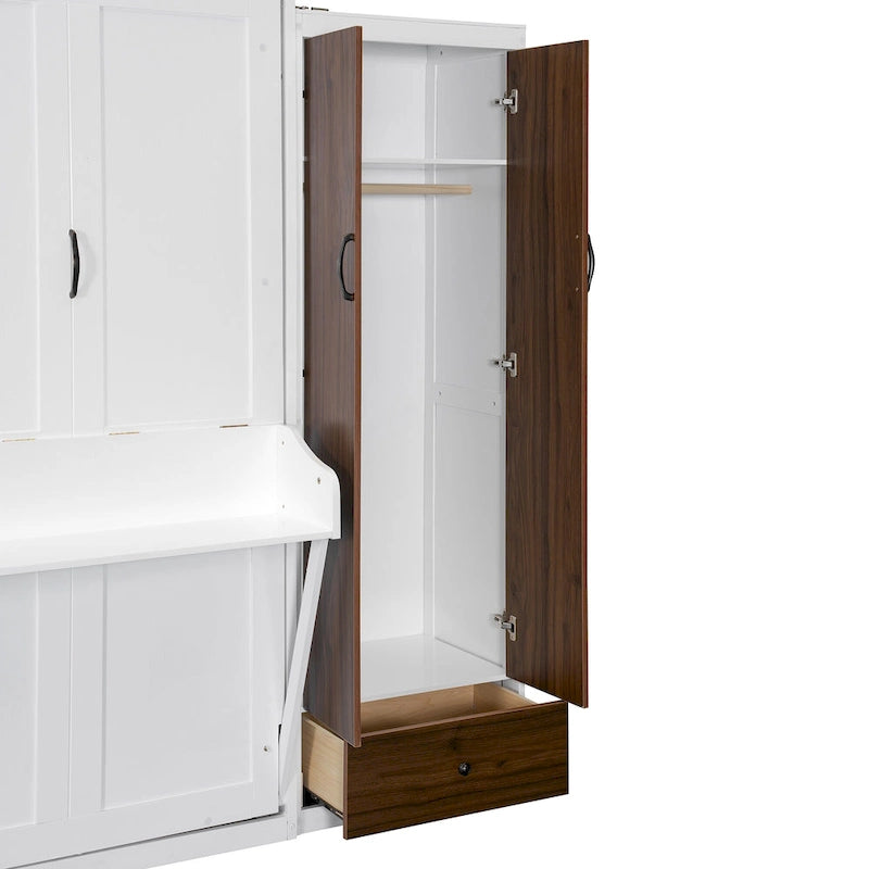 Lit escamotable mural avec armoire, tiroirs, éclairage LED et bureau
