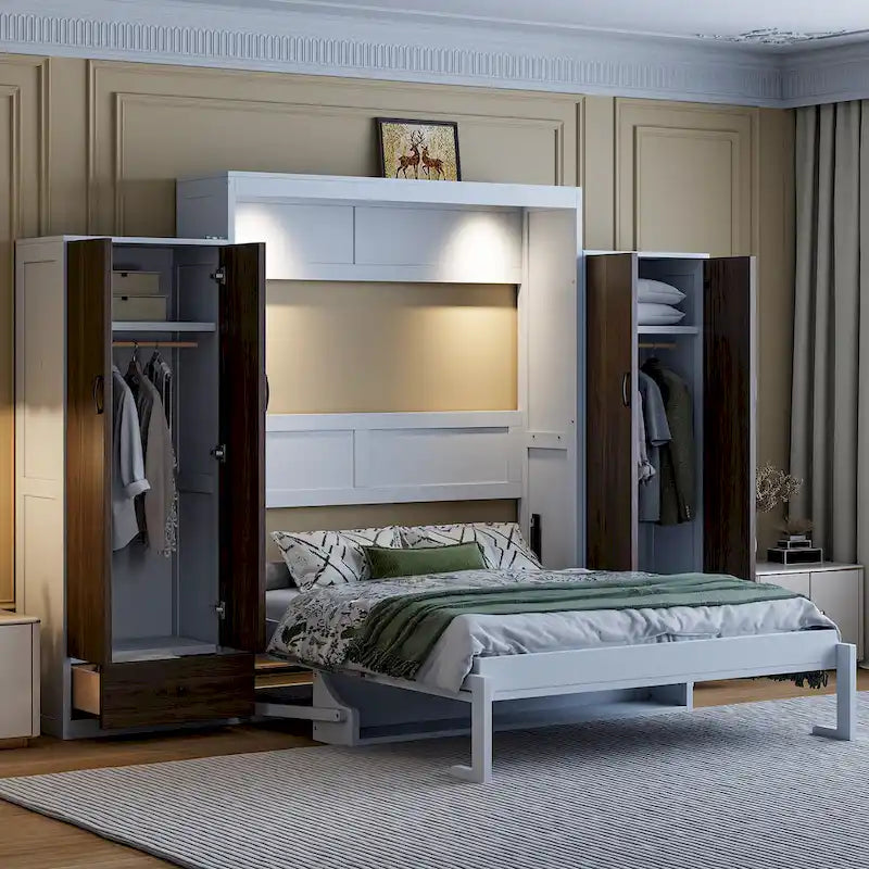 Lit escamotable mural avec armoire, tiroirs, éclairage LED et bureau