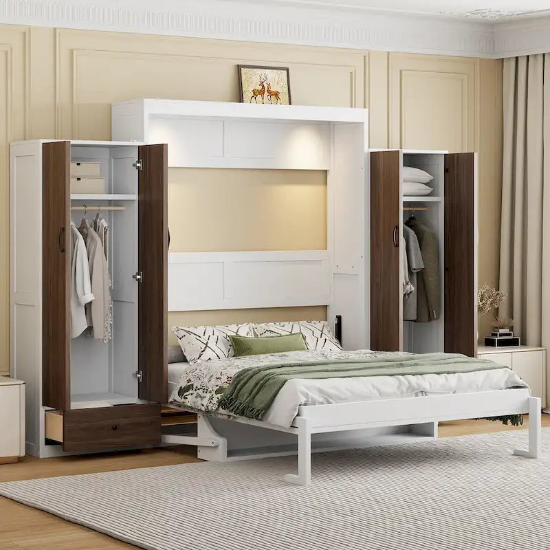 Lit escamotable mural avec armoire, tiroirs, éclairage LED et bureau