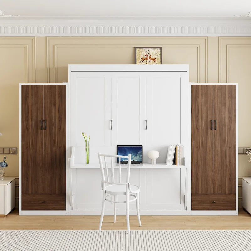 Lit escamotable mural avec armoire, tiroirs, éclairage LED et bureau