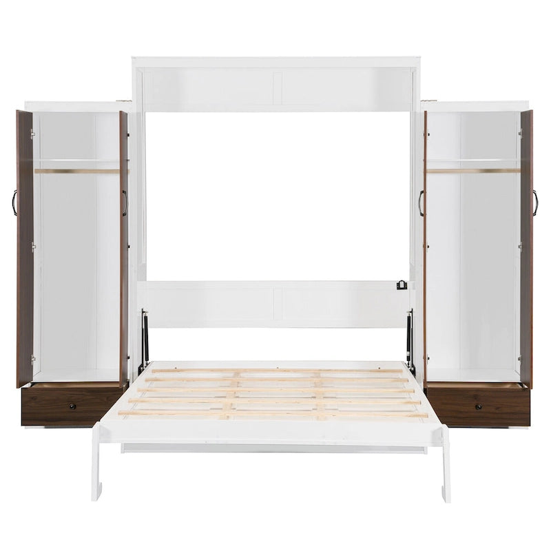 Lit escamotable mural avec armoire, tiroirs, éclairage LED et bureau