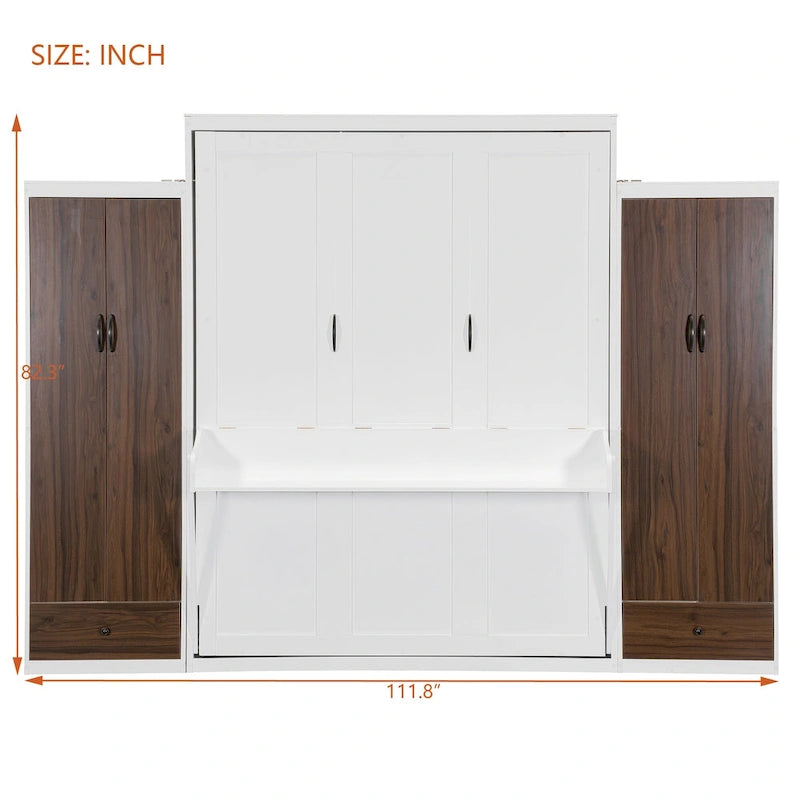 Lit escamotable mural avec armoire, tiroirs, éclairage LED et bureau