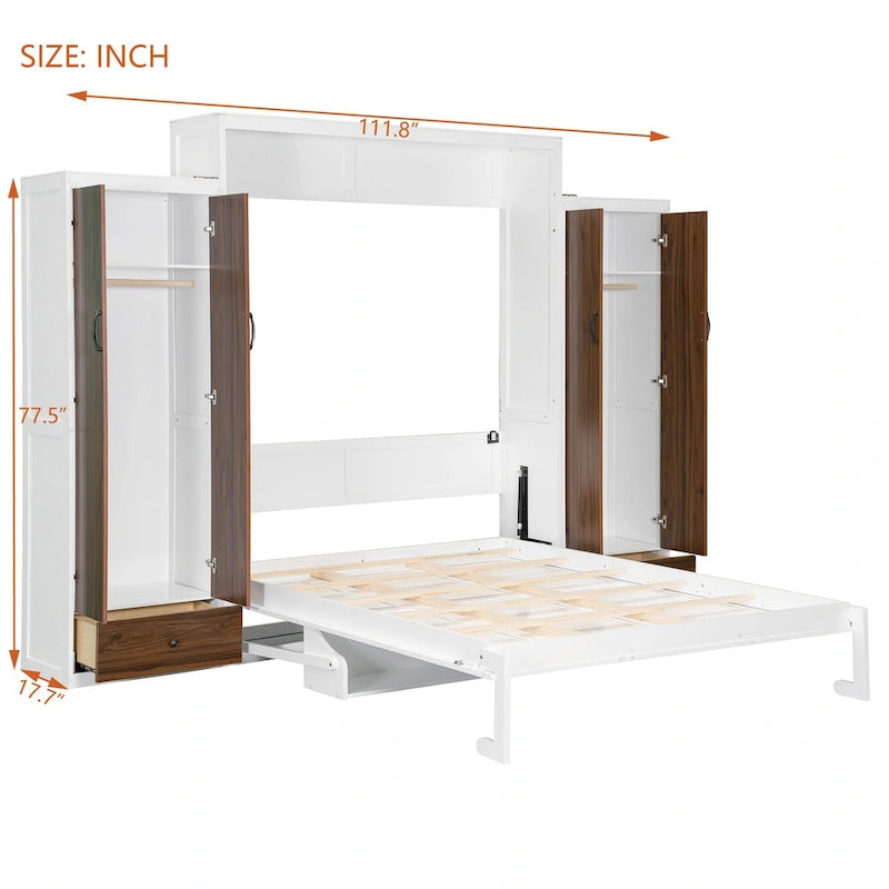 Lit escamotable mural avec armoire, tiroirs, éclairage LED et bureau