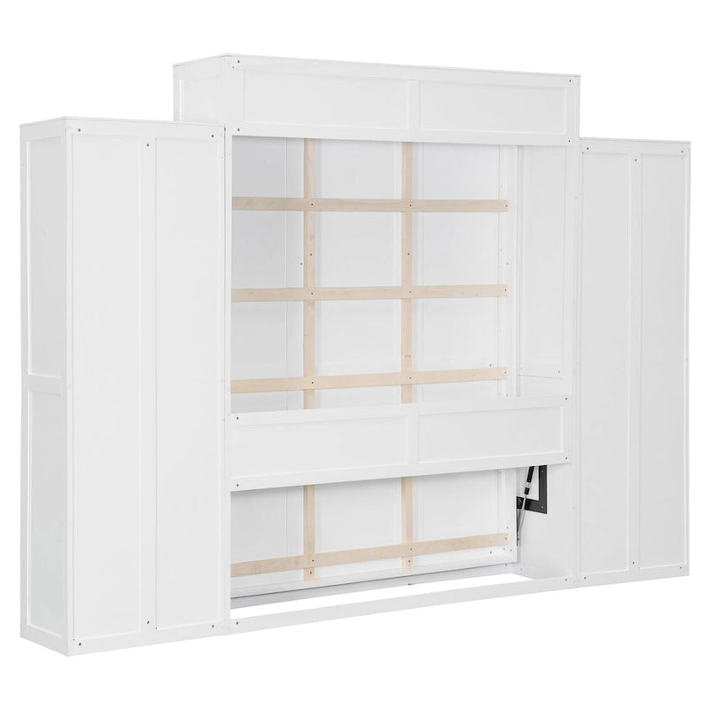 Lit escamotable mural avec armoire, tiroirs, éclairage LED et bureau