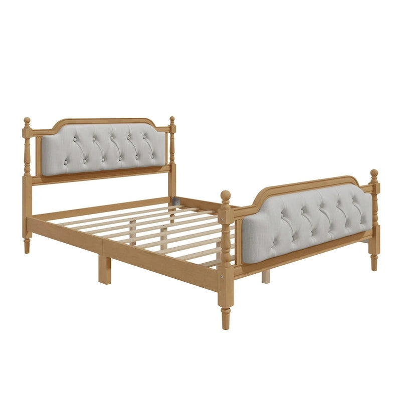 Cadre de lit en bois massif de style traditionnel avec tête de lit capitonnée, sommier tapissier non requis, taille double, noyer antique