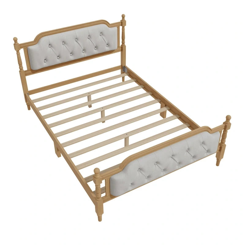 Cadre de lit en bois massif de style traditionnel avec tête de lit capitonnée, sommier tapissier non requis, taille double, noyer antique