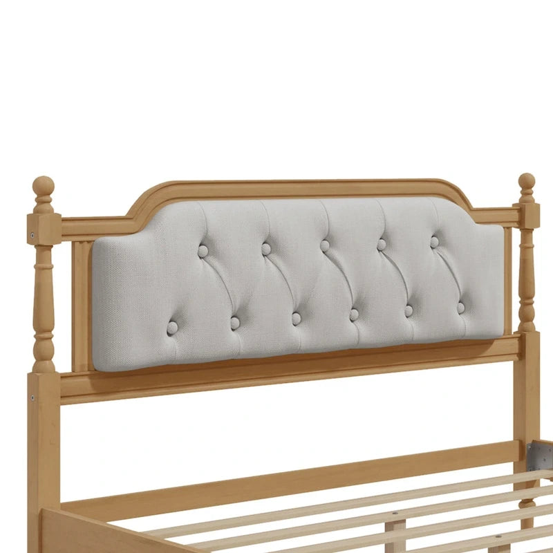 Cadre de lit en bois massif de style traditionnel avec tête de lit capitonnée, sommier tapissier non requis, taille double, noyer antique