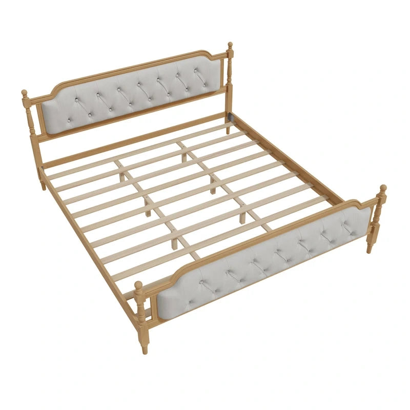 Cadre de lit en bois massif de style traditionnel avec tête de lit capitonnée, sommier tapissier non requis, taille double, noyer antique