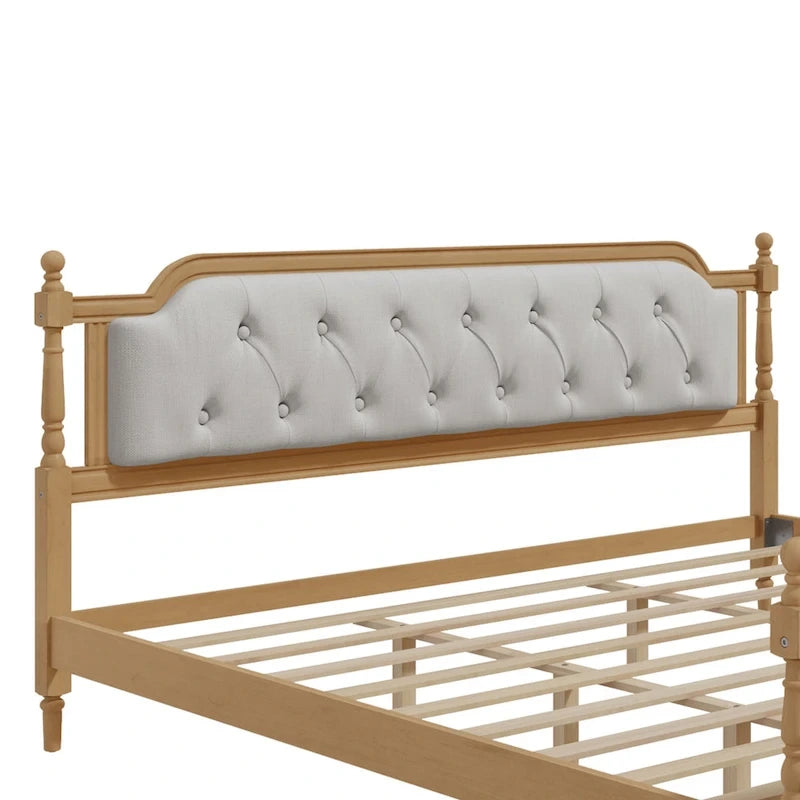 Cadre de lit en bois massif de style traditionnel avec tête de lit capitonnée, sommier tapissier non requis, taille double, noyer antique