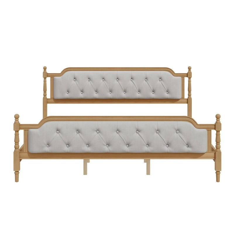 Cadre de lit en bois massif de style traditionnel avec tête de lit capitonnée, sommier tapissier non requis, taille double, noyer antique