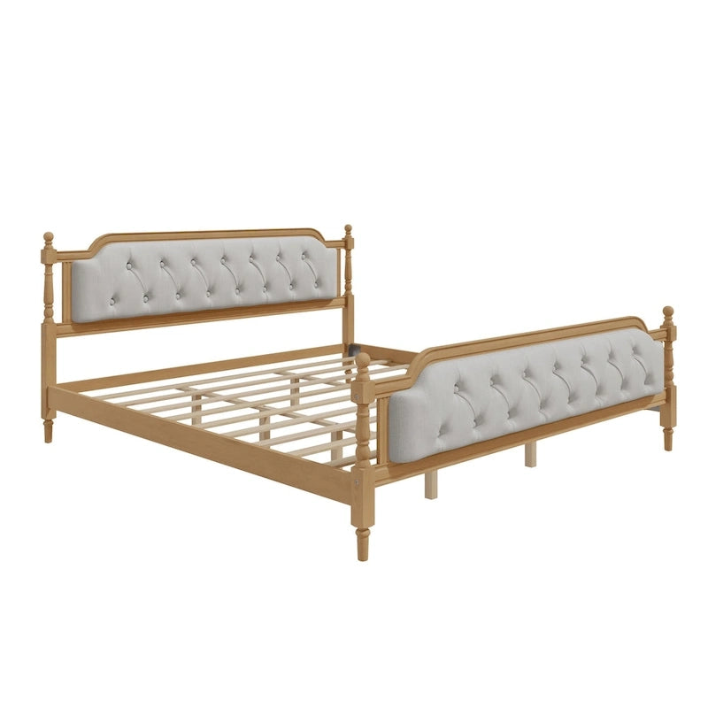 Cadre de lit en bois massif de style traditionnel avec tête de lit capitonnée, sommier tapissier non requis, taille double, noyer antique