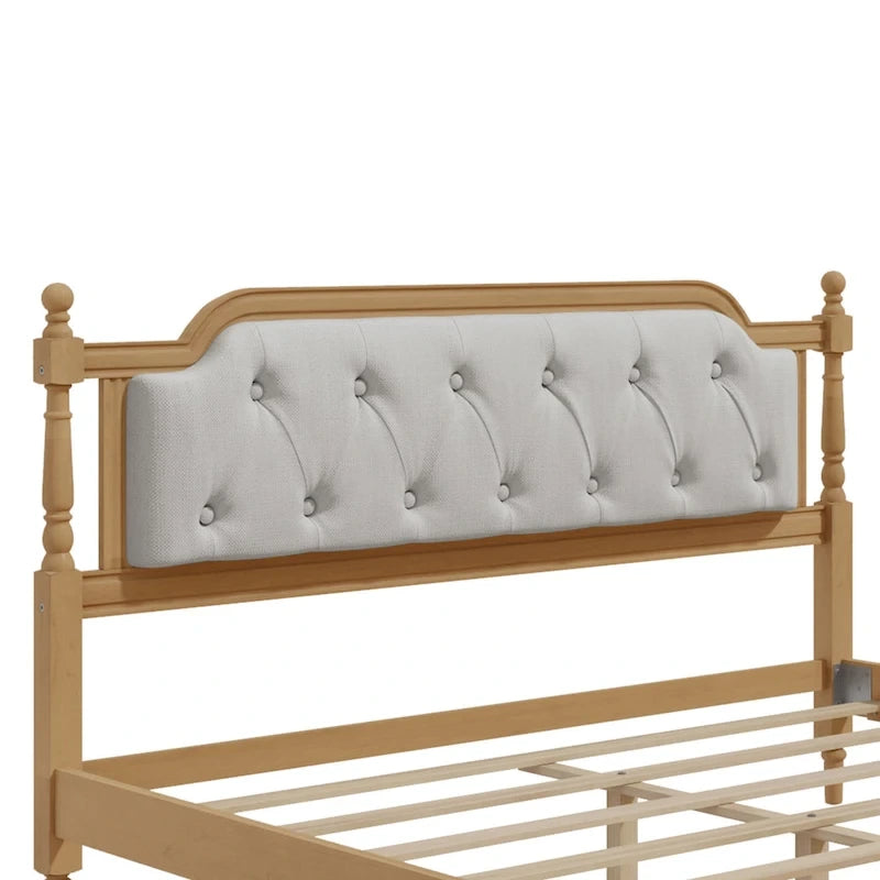 Cadre de lit en bois massif de style traditionnel avec tête de lit capitonnée, sommier tapissier non requis, taille double, noyer antique