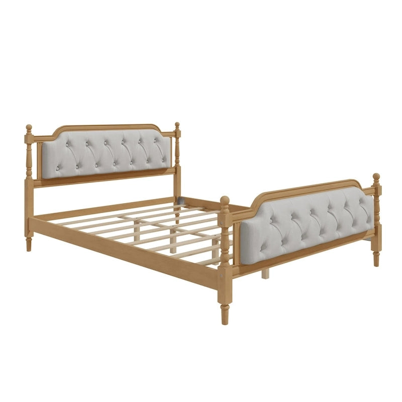Cadre de lit en bois massif de style traditionnel avec tête de lit capitonnée, sommier tapissier non requis, taille double, noyer antique