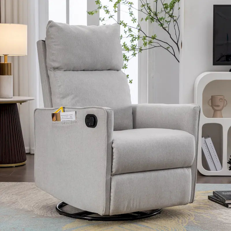 Fauteuil berçant et inclinable en tissu de coton et lin avec dossier et repose-pieds réglables pour chambre de bébé