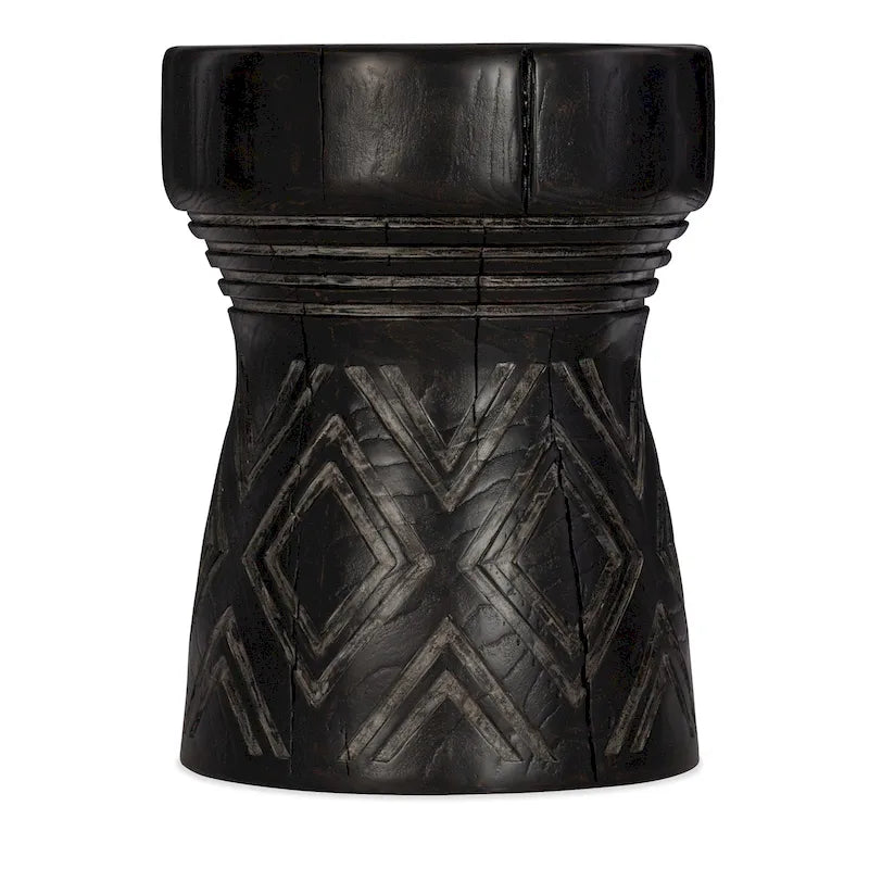 Table d'appoint en résine sculptée en forme de souche, diamètre 20, avec imprimé tribal géométrique