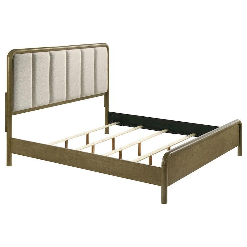 Deon King Bed, Vertical Channel Tufted Beige Boucle Upholstery, Brown
