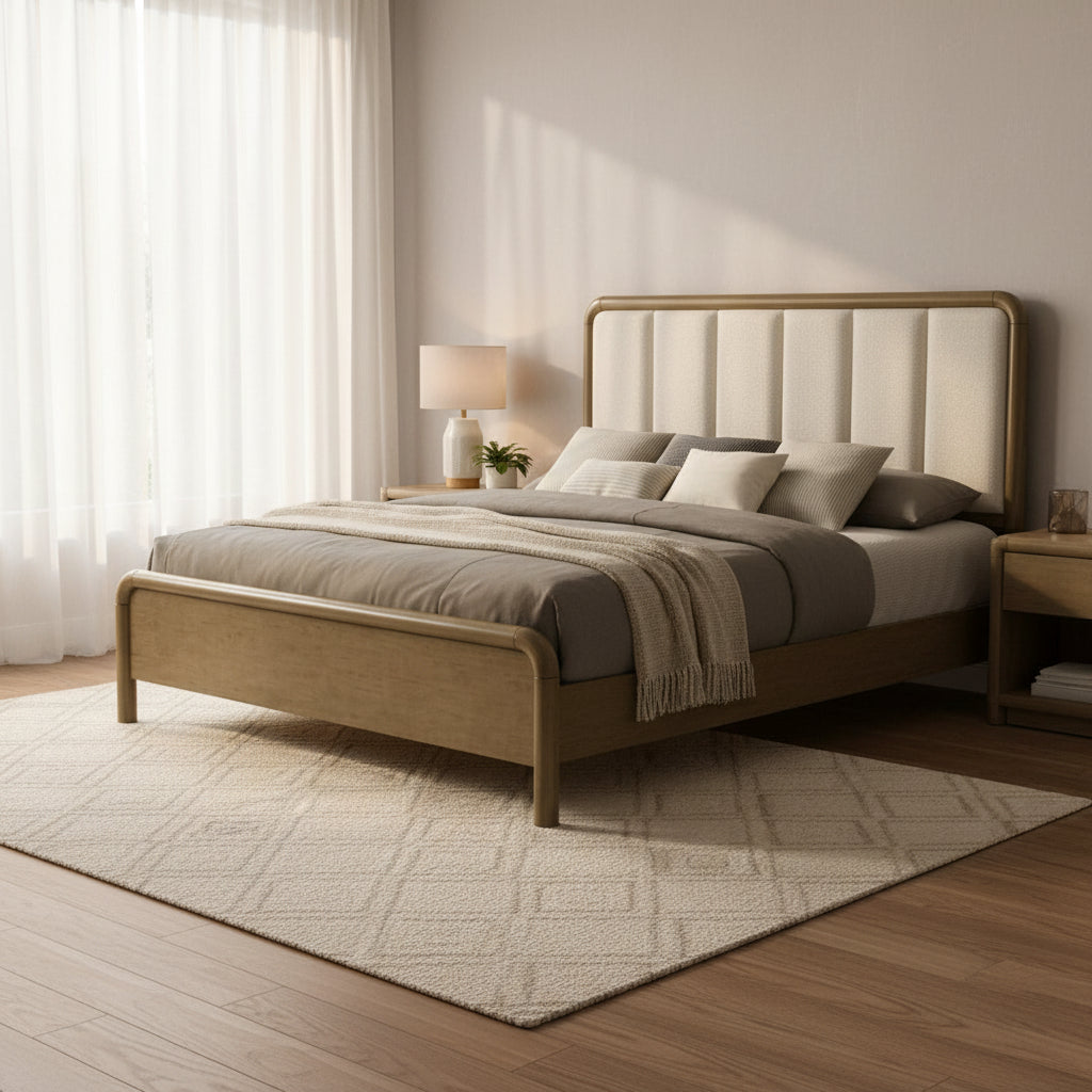 Lit King size avec tête de lit en bouclé beige capitonnée à canaux verticaux, finition bois marron