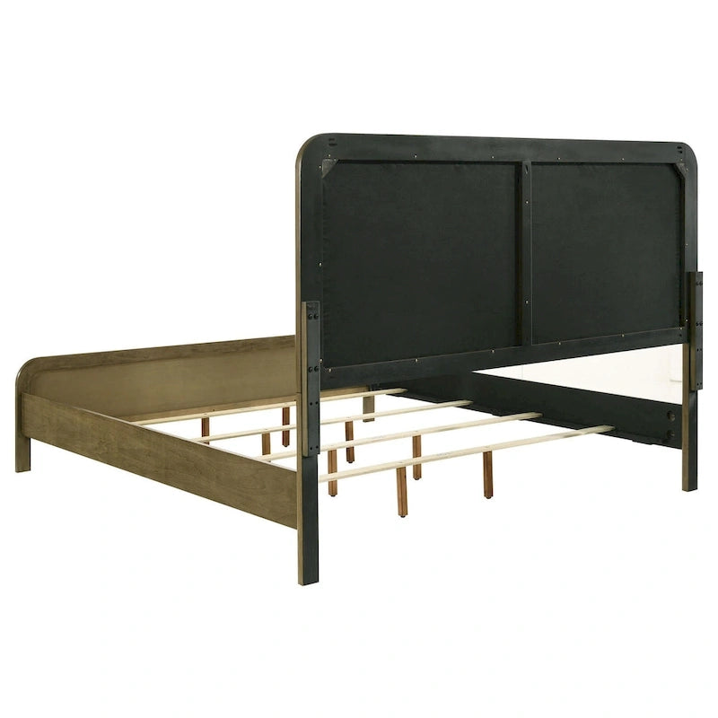 Lit King size avec tête de lit en bouclé beige capitonnée à canaux verticaux, finition bois marron