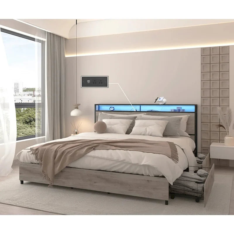 Cadre de lit en bois avec rangement, tête de lit ailée avec station de recharge et tiroirs, aucun sommier tapissier requis, montage facile