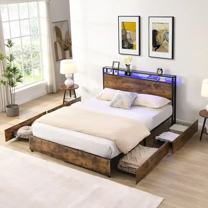 Cadre de lit en bois avec rangement, tête de lit ailée avec station de recharge et tiroirs, aucun sommier tapissier requis, montage facile