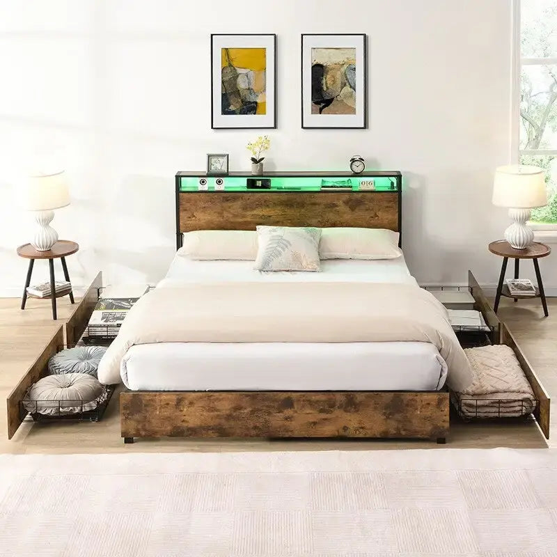 Cadre de lit en bois avec rangement, tête de lit ailée avec station de recharge et tiroirs, aucun sommier tapissier requis, montage facile