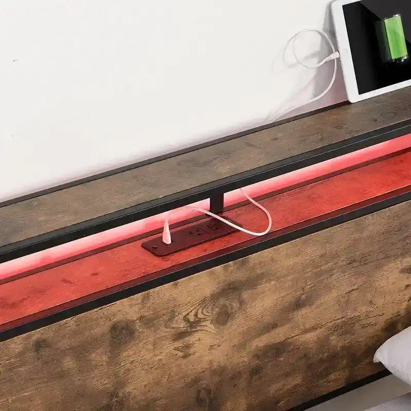 Cadre de lit en bois avec rangement, tête de lit ailée avec station de recharge et tiroirs, aucun sommier tapissier requis, montage facile