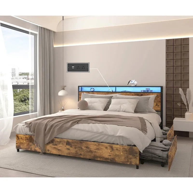 Cadre de lit en bois avec rangement, tête de lit ailée avec station de recharge et tiroirs, aucun sommier tapissier requis, montage facile
