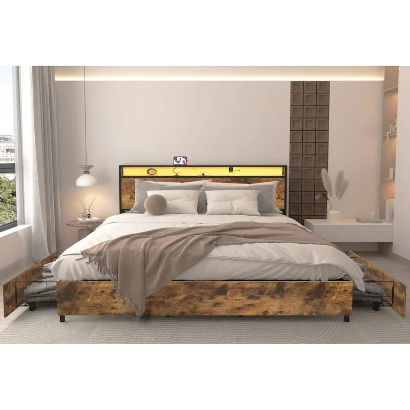 Cadre de lit en bois avec rangement, tête de lit ailée avec station de recharge et tiroirs, aucun sommier tapissier requis, montage facile