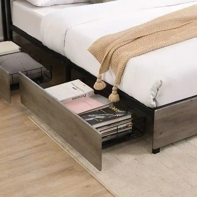 Cadre de lit en bois avec rangement, tête de lit ailée avec station de recharge et tiroirs, aucun sommier tapissier requis, montage facile