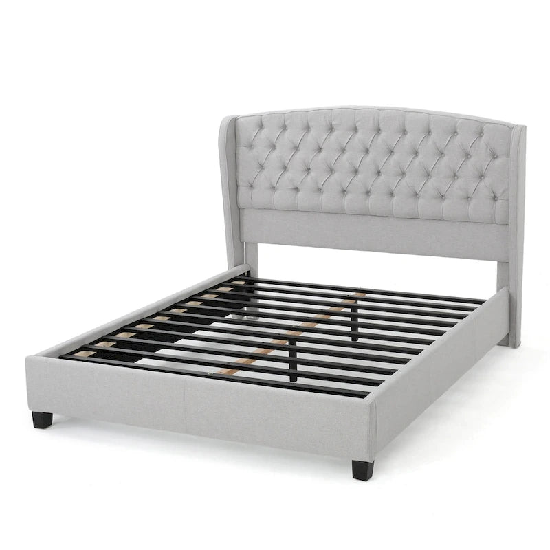 Lit plateforme capitonné moderne gris clair king-size avec tête de lit capitonnée pour chambre à coucher