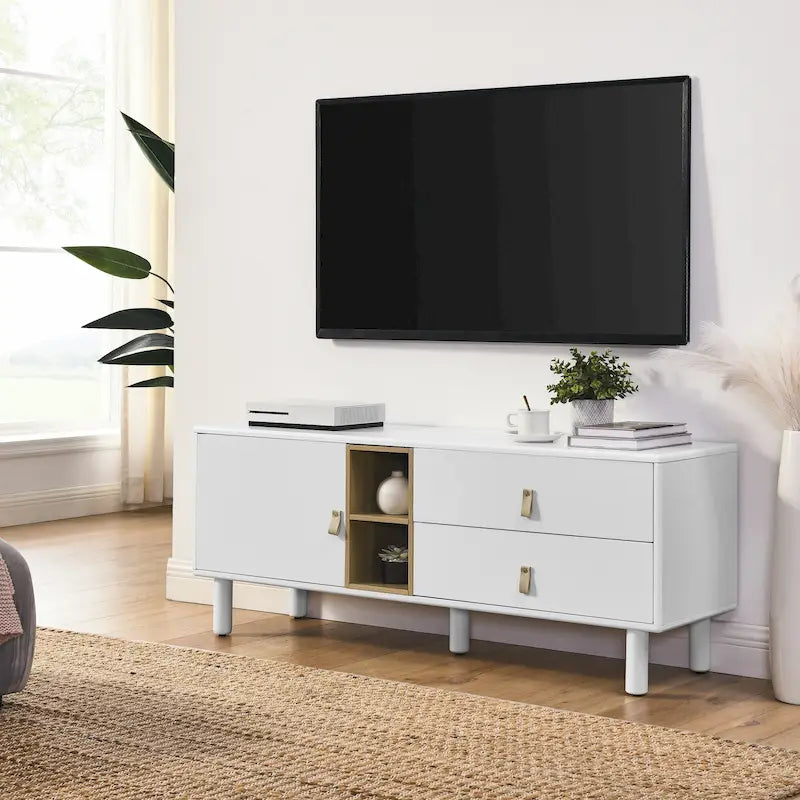 54.57 Meuble TV multifonctionnel avec poignées en cuir, compartiment de rangement ouvert et deux tiroirs
