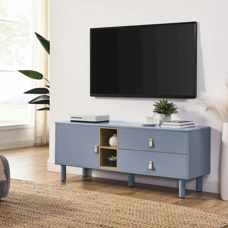 54.57 Meuble TV multifonctionnel avec poignées en cuir, compartiment de rangement ouvert et deux tiroirs
