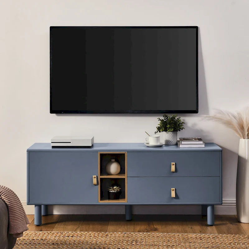 54.57 Meuble TV multifonctionnel avec poignées en cuir, compartiment de rangement ouvert et deux tiroirs