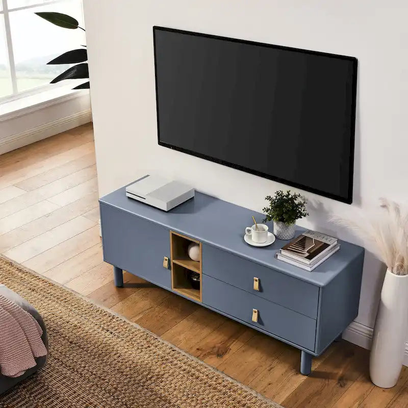54.57 Meuble TV multifonctionnel avec poignées en cuir, compartiment de rangement ouvert et deux tiroirs