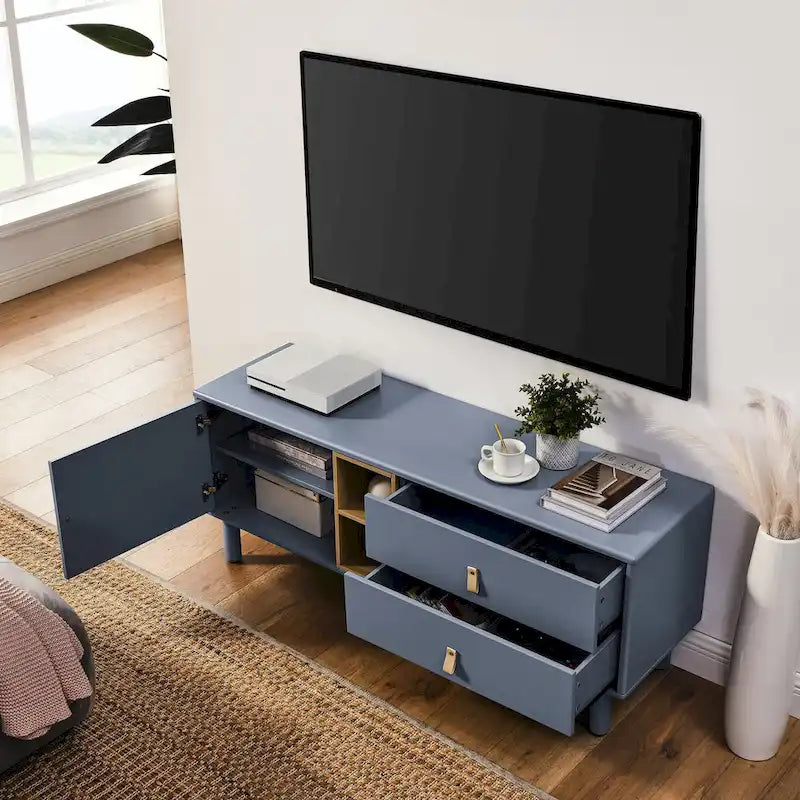54.57 Meuble TV multifonctionnel avec poignées en cuir, compartiment de rangement ouvert et deux tiroirs