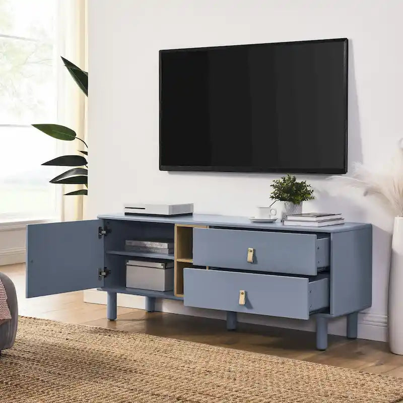54.57 Meuble TV multifonctionnel avec poignées en cuir, compartiment de rangement ouvert et deux tiroirs