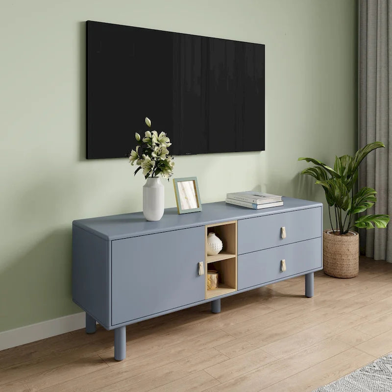 54.57 Meuble TV multifonctionnel avec poignées en cuir, compartiment de rangement ouvert et deux tiroirs