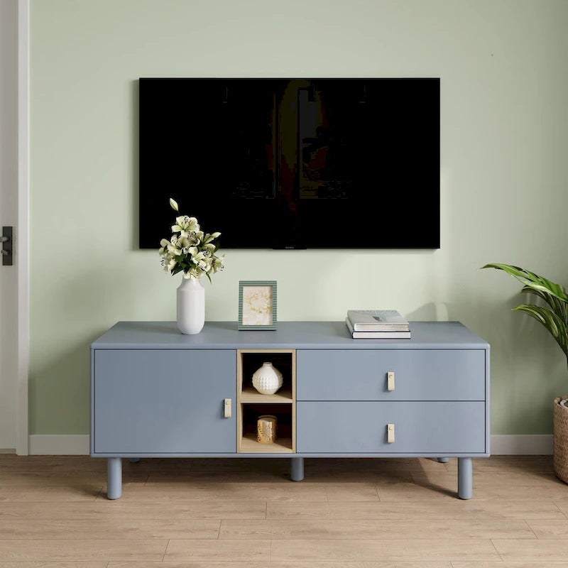 54.57 Meuble TV multifonctionnel avec poignées en cuir, compartiment de rangement ouvert et deux tiroirs