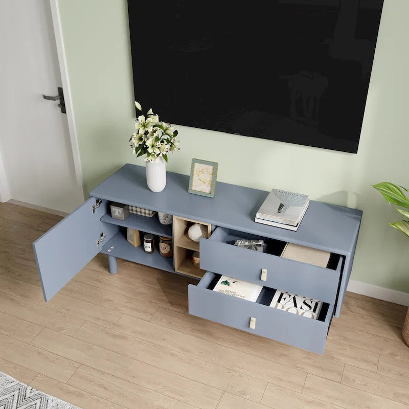 54.57 Meuble TV multifonctionnel avec poignées en cuir, compartiment de rangement ouvert et deux tiroirs