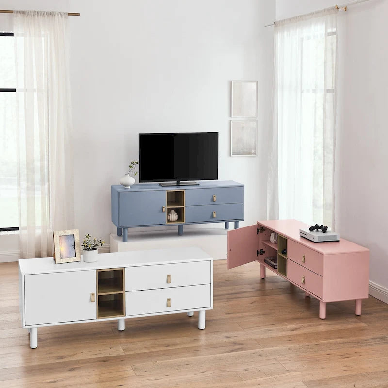 54.57 Meuble TV multifonctionnel avec poignées en cuir, compartiment de rangement ouvert et deux tiroirs