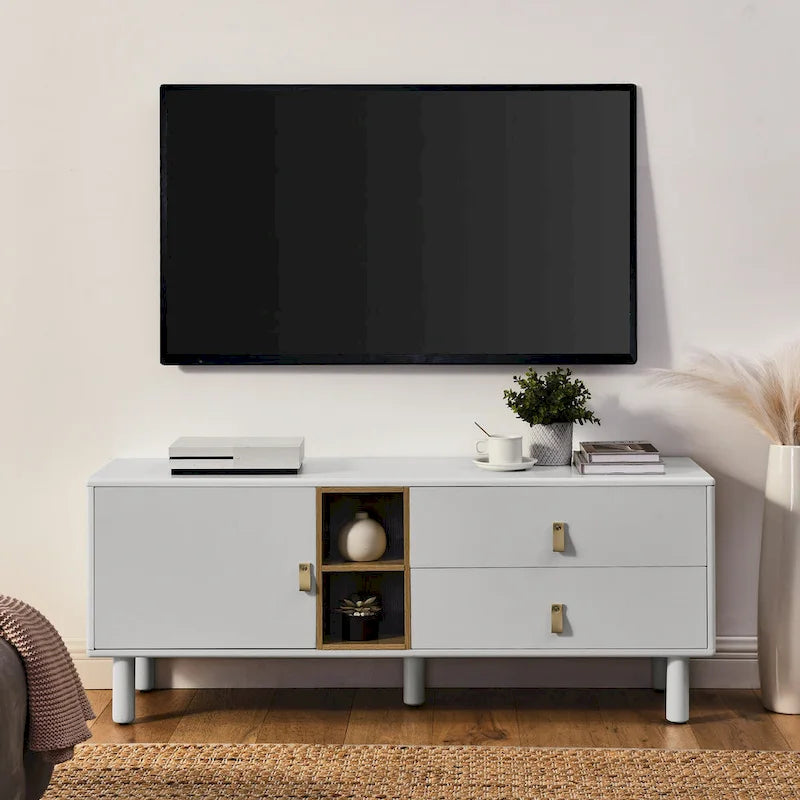 54.57 Meuble TV multifonctionnel avec poignées en cuir, compartiment de rangement ouvert et deux tiroirs