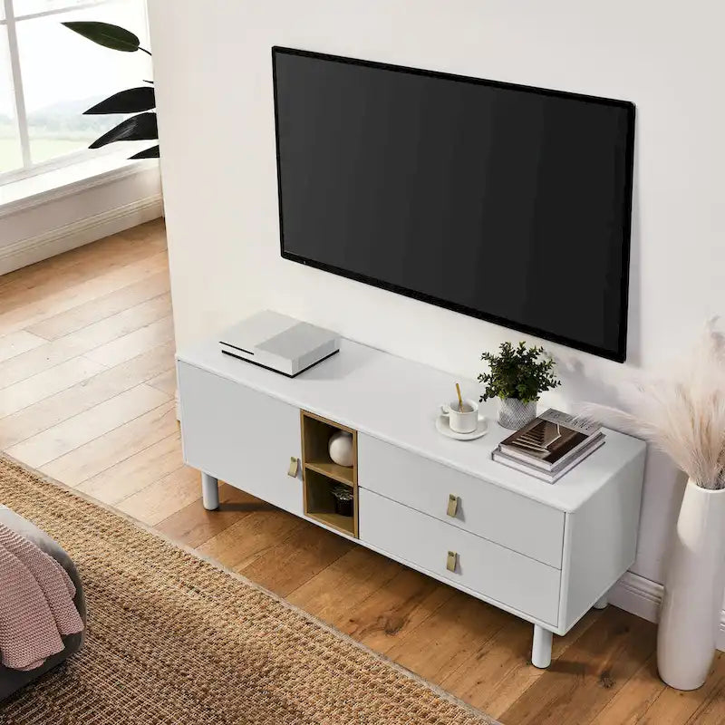 54.57 Meuble TV multifonctionnel avec poignées en cuir, compartiment de rangement ouvert et deux tiroirs